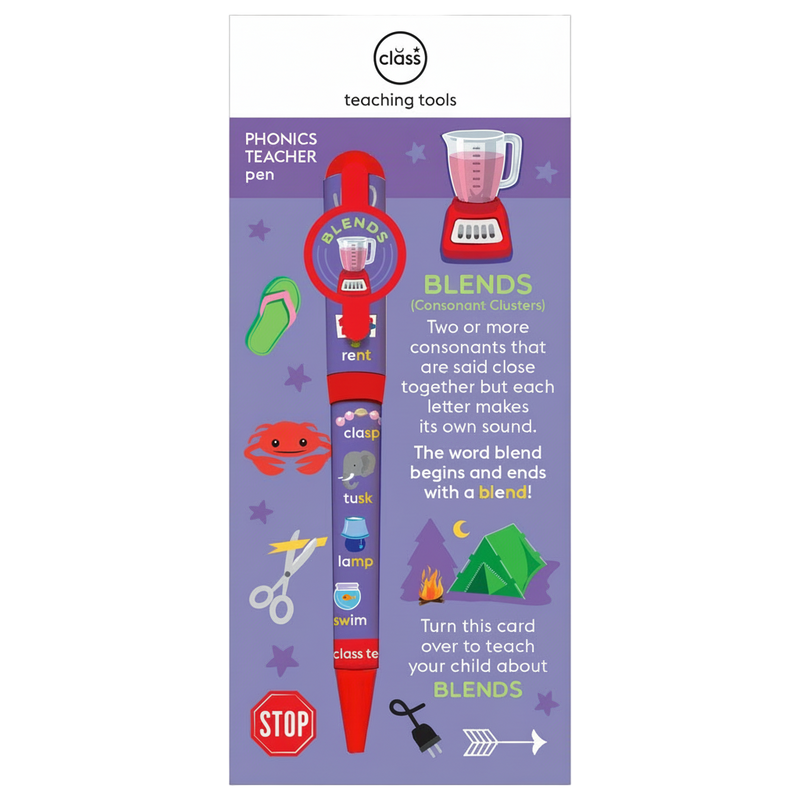 An image of the Blends Phonics Pen packaging, which includes illustrations of letters, a blender, and educational tools, indicating the product's purpose for teaching phonics.