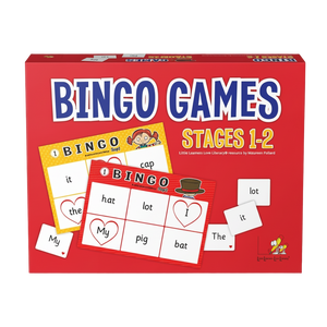 Boxed Bingo Games Stages 1-2 with illustrations of bingo cards and letters, predominantly red and white.