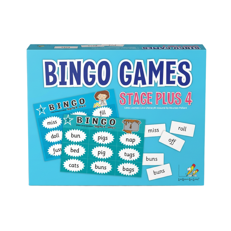 A box of Bingo Games Stage Plus 4 with bingo cards and word lists visible.